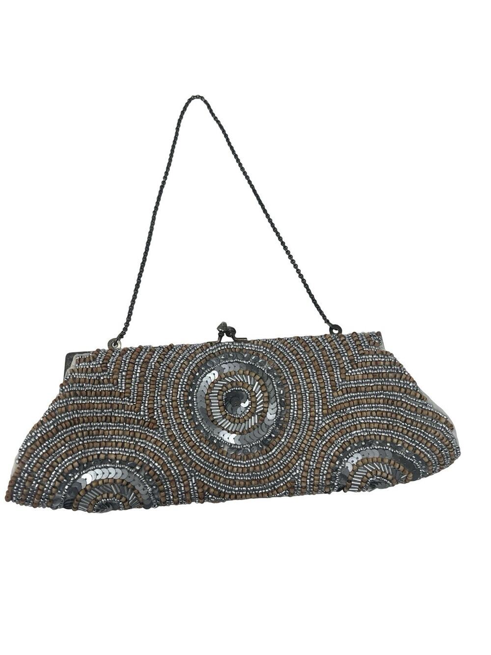 y2K White House Black Market Silver & Wood Beaded Party Clutch Purse Chain Strap - Picture 1 of 9